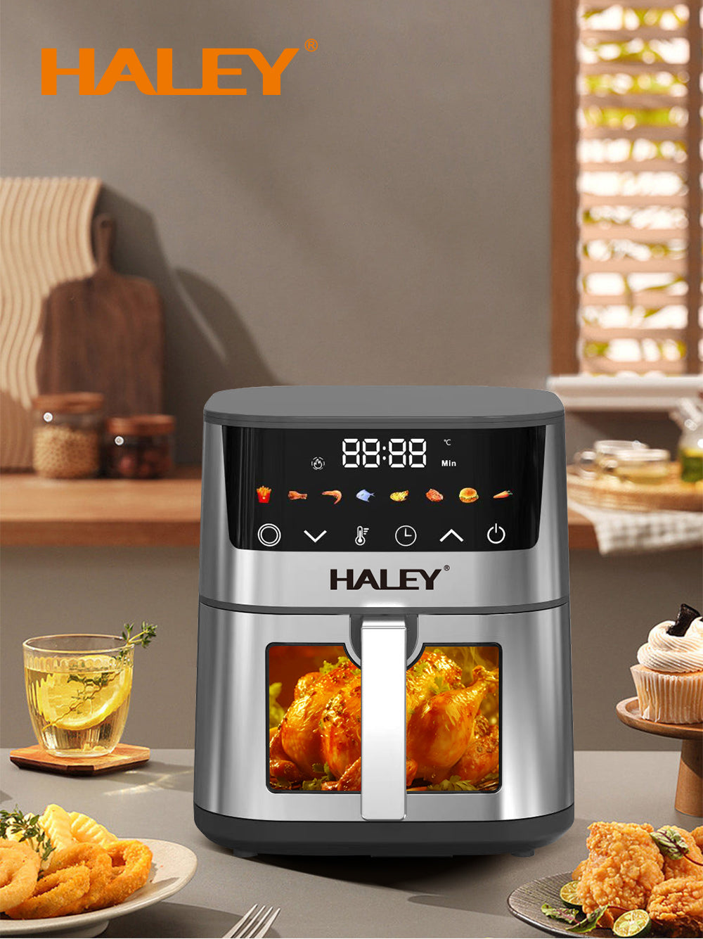 Friteuză cu Aer Cald HALEY 7L, 2000W cu Gătire 360°, Ecran Tactil, Geam de Vizualizare 180°, 8 Programe – Gătit Sănătos și Crocant fără Ulei